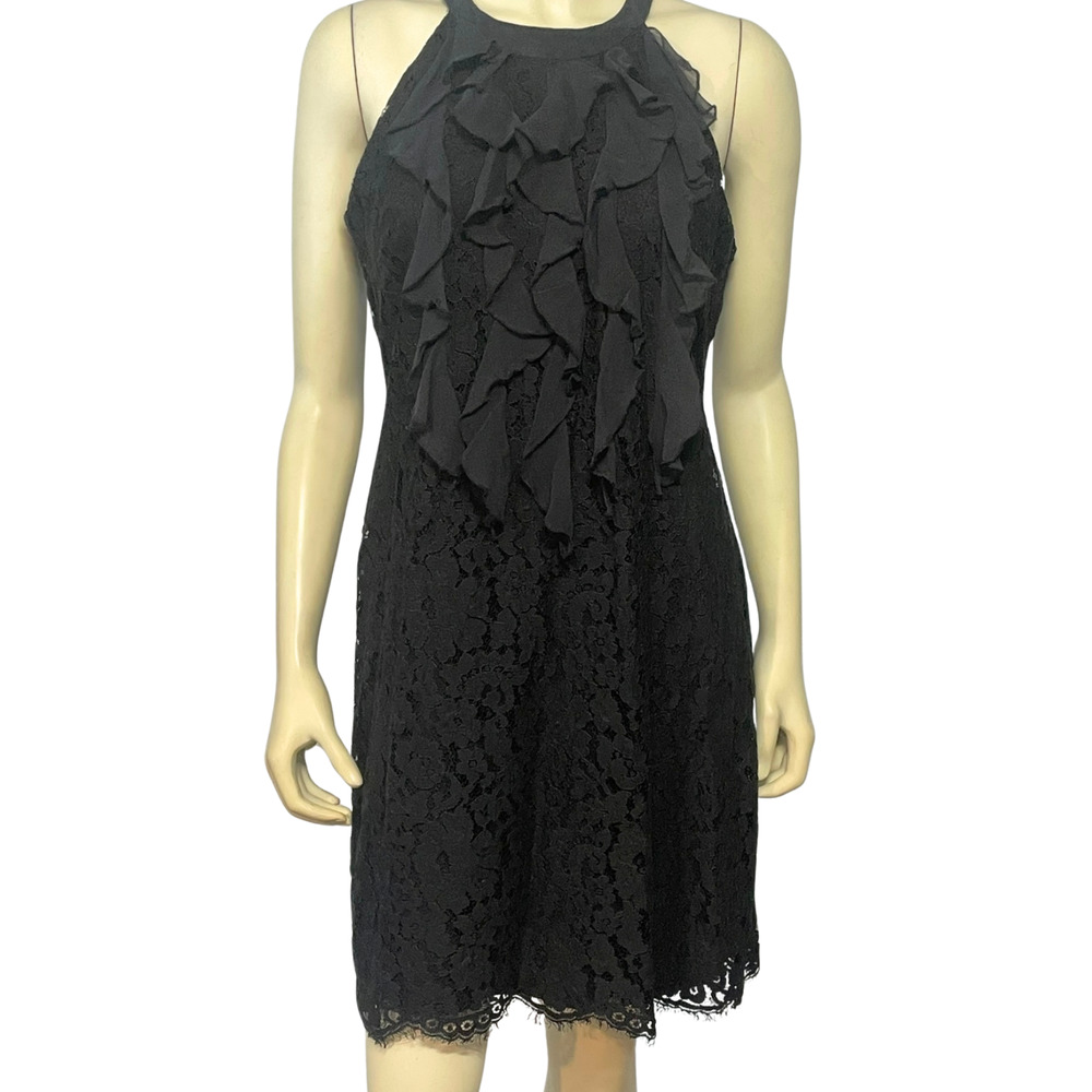 eci Sz 6 Halter Sheath Dress Ruffles on Bodice Eyelash Lace Overlay Lined Black